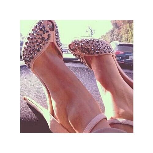 Suede Peep-toe High Heel Ankle Strap Rivets Sandal Women Cut-out Crystal Front High Dress shoes woman Designer Women Pumps