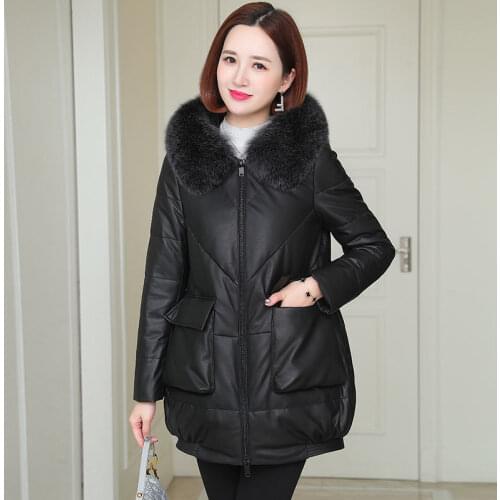 2021 Women Winter New PU Leather Cotton-padded Jacket Female Long Imitation Fox Fur Collar Coat Ladies Warm Hooded Overcoat U397