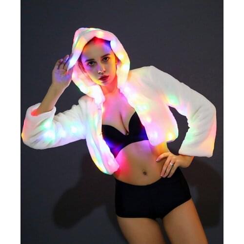 Sexy Cropped Light Up LED Faux Fur Jacket for Women Hot Girls Party Club Stage LED Crop Faux Fur Jackets Light Up Costumes