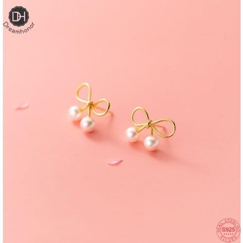 Dreamhonor 14K Gold Plated Bowknot Pearl Stud Earrings For Women Sterling Silver Summer Gifts