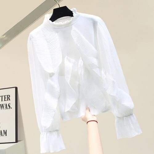 Ruffles Flare Leeves Turtleneck Pullover White Sweater Sweater Women 2021 Spring New Female Top Clothes