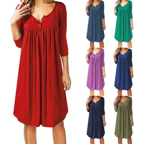 Spring New Solid Short Dress Women 2021 Casual O Neck Button Summer Dress Ladies Three Quarter Sleeve A Line Dresses Plus Size