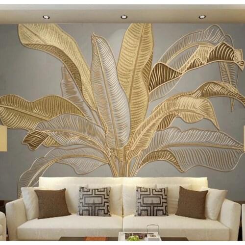 Custom 3D mural wallpaper atmospheric banana leaf Nordic green plants light luxury golden embossed line background wall