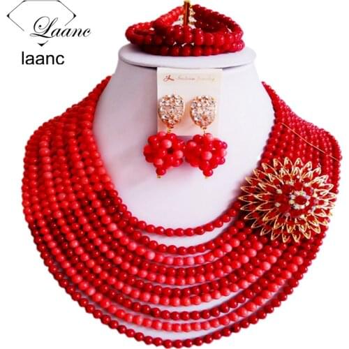 African coral beads necklace jewelry set nigerian wedding bridal jewelry sets for women