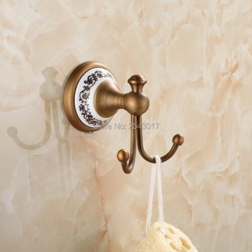 Bathroom Accessories Cloth Hooks Antique Brass Finish with Ceramic Holder Wall Mounted Classic Retro Double Hooks ZR2101