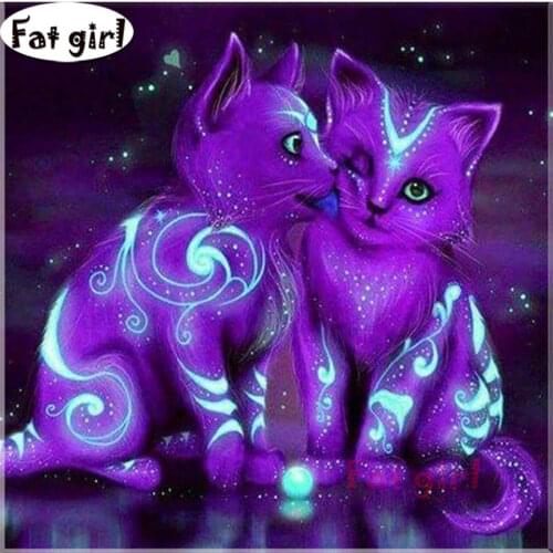 Diamond Painting Purple Fluorescent Cat 5D Embroidery Cross Stitch Crystal Mosaic Square Round Drill Animal Home Decor Gift