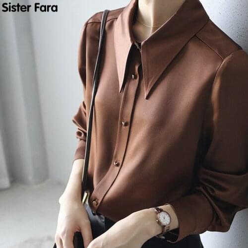 Sister Fara Elegant Spring Slim Womens Shirt Turn-down Collar Solid Blouses Autumn Ladies Single Breasted Long Sleeve Blouses