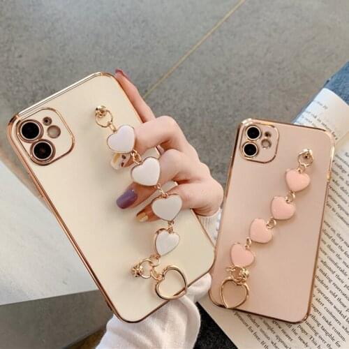 Heart Bracelet Chain Phone Case For iPhone 12 Pro Max 11Pro Max XR XS Max 7 8 Plus 12Mini Square Electroplated Soft Cover Coque
