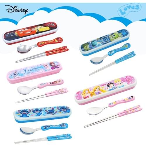 Disney Childrens Tableware Set Cartoon Mickey Minnie Frozen Kids Stainless Steel Chopsticks Spoon Portable Cutlery Box
