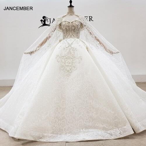 HTL1961 Elegant Shawl Yarn Sequin Crystal Pearls Wedding Dress 2020 V-Neck Short Sleeve Lace Up Back