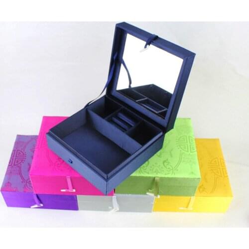 Chinese Handmade Vintage Silk Ring Necklace Storage Box Jewelry Box with Mirror