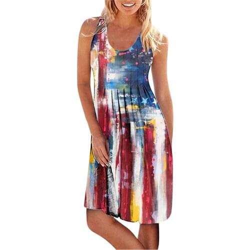 Summer Independence Day Spot American Long Dresses Loose Round Neck Sleeveless Pullover Striped High Waist Long New Style