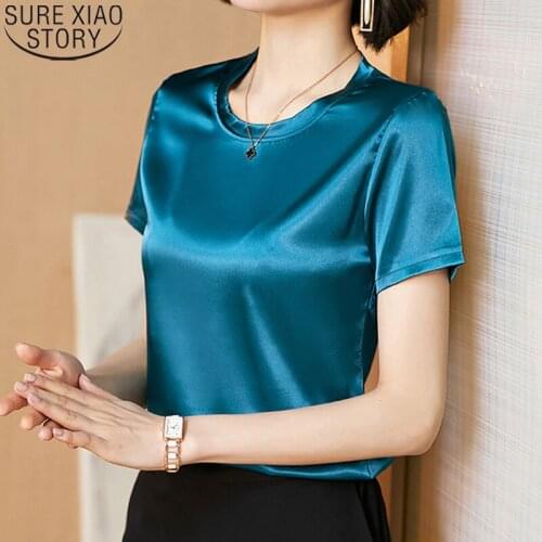 2021 Summer New Glossy Blouse Women Short Sleeve Blouse Fashion Solid Plus Size Office Lady O-neck Clothes Tops Blusas 14071