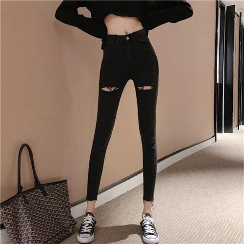 Korean version of the new spring and summer 2019 big hole jeans thin hairy nine points feet pencil pants