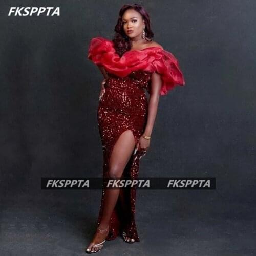 Stunning Burgundy Long 2021 Prom Dresses For Black Women Off The Shoulder Side Slit Sexy Occasion Formal Party Gowns Plus Size