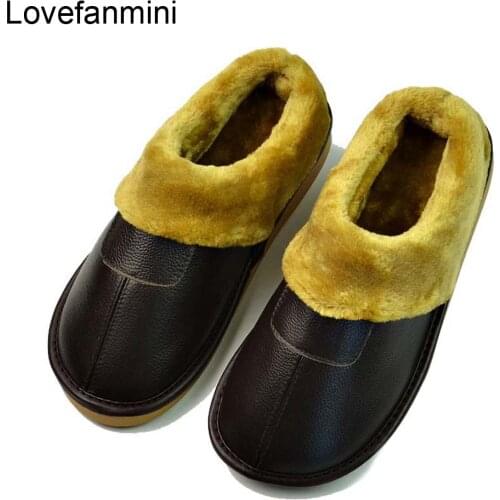 Genuine Cow Leather slippers couple indoor non-slip men women home fashion casual shoes PVC soft soles winter 607