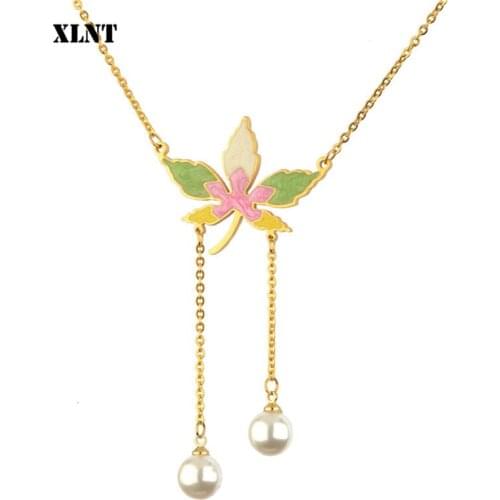 XLNT Dropshipping Fashion Maple Leaf Necklace Hemp Leaf Pendant Charm Chain NeckLace For Women Girl Gifts Jewelry Accessories