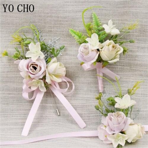YO CHO Wedding Men Boutonnieres Bridal Hand Wrist Flowers Brooch Groomsmen Corsages Artificial Roses Flowers Party Accessories