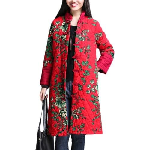 Winter New national wind Warm Cotton Jacket Women loose Print Cotton clothing Plus size Womens Long Casual Overcoat 4XL F965