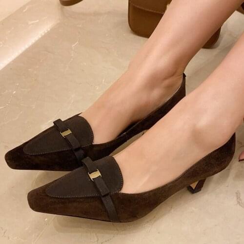 New Retro Style Buckle Women Handmade Pumps Square Toe Thin Heels Shoes Metal Decoration Winter Autumn slip on Stilettos