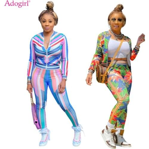 Adogirl Striped Flowers Print Womens Tracksuit Zipper Long Sleeve Jacket Top Pencil Pants Casual Sport 2 Piece Set Autumn Suit
