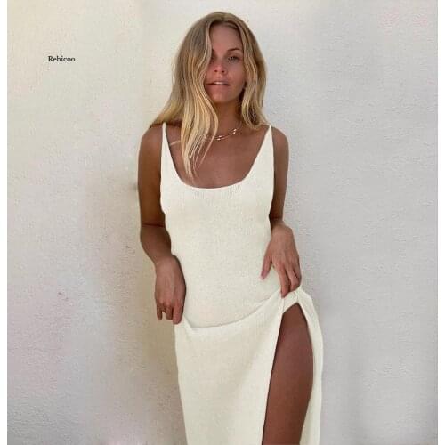 Women Sexy Backless Slip Long Maxi Dress Swimwears Solid U-Shaped Collar Sleeveless Slit Summer Beach Dress