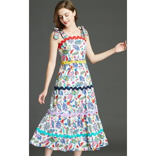 Colorful Leaves Print Spaghetti Strap Dresses Beach Style Bow Bohemian Sleeveless Chic Dress Women Large Swing Sexy Boho Dress