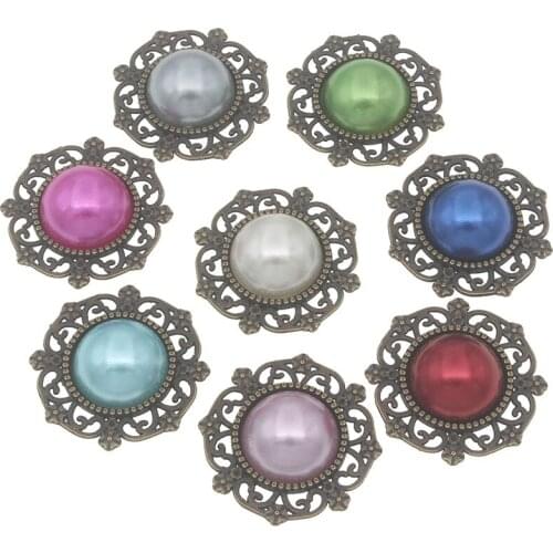 10pcs/lot 26mm Rhinestone Flatback Pearl Buttons Decorative Antique Silver DIY Hair Bow Accessories Retro Embellished for Craft