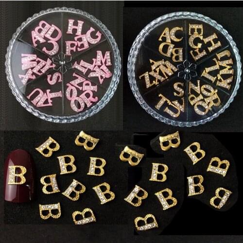 26pcs/Box Wheels A-Z English Alphabet Nail Decorations Gold/Pink 26 Letters Charms Jewelry Rhinestone Manicure Accessories K09