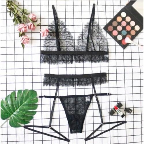 3PCS Women Sexy Lace Lingerie Sets Babydoll See-through Wireless Bra G-String Set Underwear Nightwear Bra & Brief Sets S-2XL