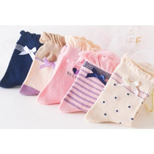 5PCs Little Girls Kids Socks Sweet Bowknot Girl’s Candy Color Ruffle Hem Striped Knitting Socks Sports Sleep Home Wear