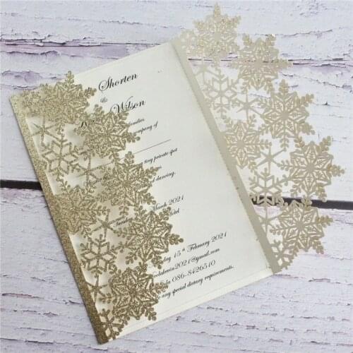 Glitter snowflake laser cut invitation card fall winter seasonal wedding invitation set 50 sets printable
