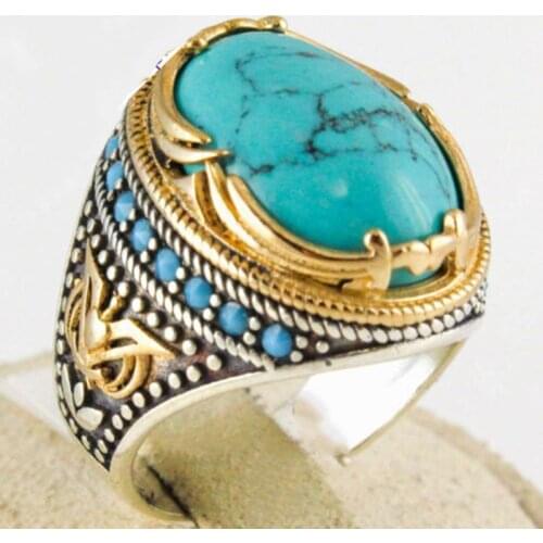 Bohemian Large Oval Natural Stone Rings For Women Men Vintage Dual Color Blue Beads Turquoises Finger Rings Party Jewelry