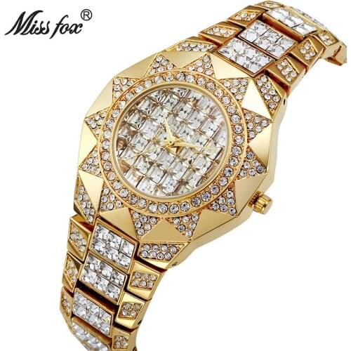 MISSFOX Sun Shape Women Watches Top Brand Japan Quartz Watch Female Baguette Diamond Gold Watch Xfcs Fashion Lady Wrist Watches