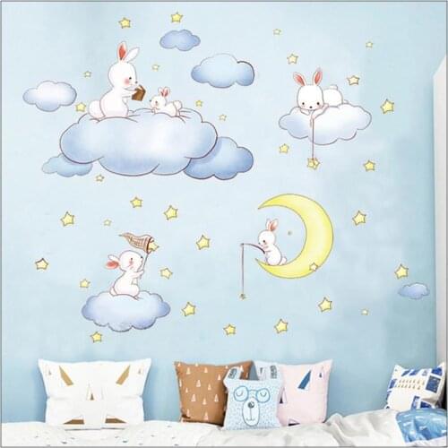 Kid Room Decoration Wall Sticker Super Cute Rabbit Cloud Stars Moon Wallpaper Peel And Stick DIY Decal Removable Art Wall Poster
