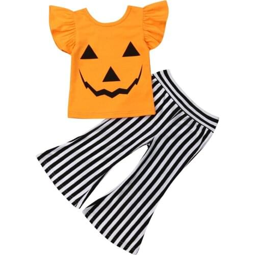 2021 1-6Y Kids Halloween Girl Clothing Smiling Face Short Ruffled-Sleeves Tops+Stripe Bell-Bottoms Pumpkin Costume 2pcs