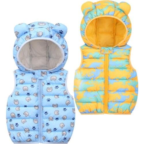 Children Down Waistcoat Autumn Sleeveless Printed Hooded Jacket Lightweight Warm Outerwear Kids Vest For Girls Boys Baby Clothes