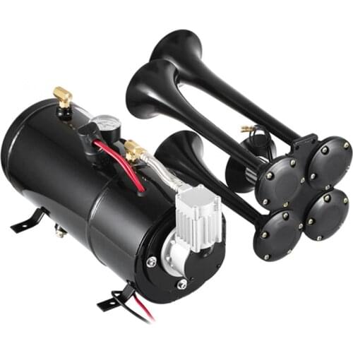 12V 170Psi 150DB Black Truck Train Car Air Horn Air Compressor Quad 4 Trumpet 3Liters Air Horn Pump Air Tubing Accessories