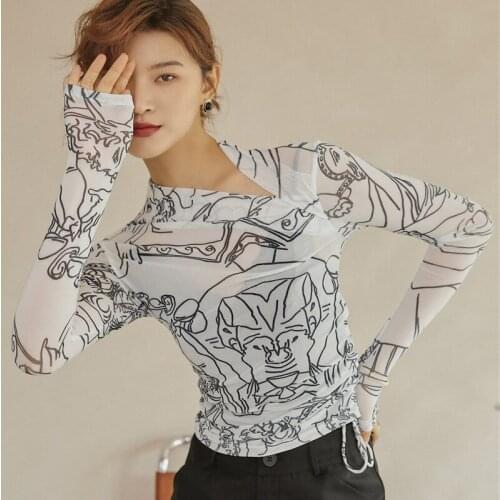 Fashion Abstract Art Print Blouse Sexy Perspective Drawstring Long-Sleeved Mesh Women Femme Tops Clothing