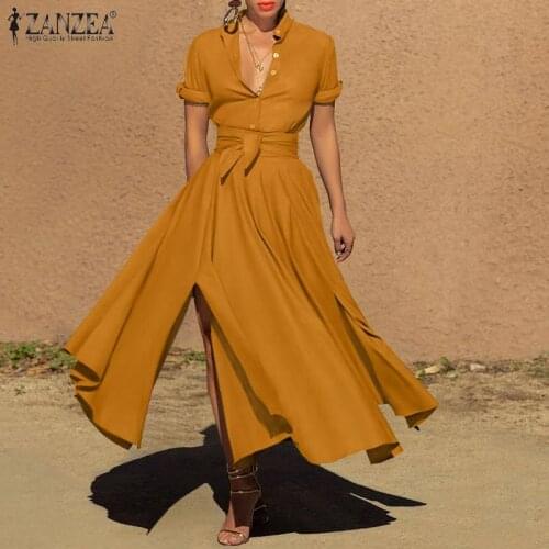 ZANZEA Fashion Autumn Shirt Dress Women Long Sleeve Casual OL Work Vestidos Robe Femme Belted Solid Split Hem Maxi Long Sundress