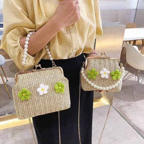 Fashion Women Shell Purse Summer Beach Rattan Woven Handbag Cute Flower Tassel Straw Tote bag Pearl Chain Messenger Shoulder Bag
