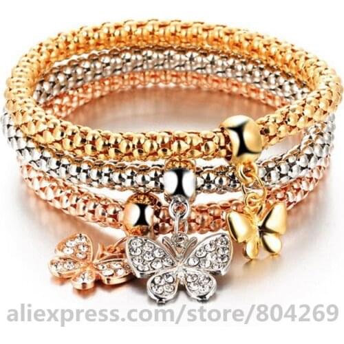 New Arrival Fashion Women Three-color Stretch Chain Butterfly Pendant Bracelet Crystal & Alloy Bracelet Bangles Hot Sales