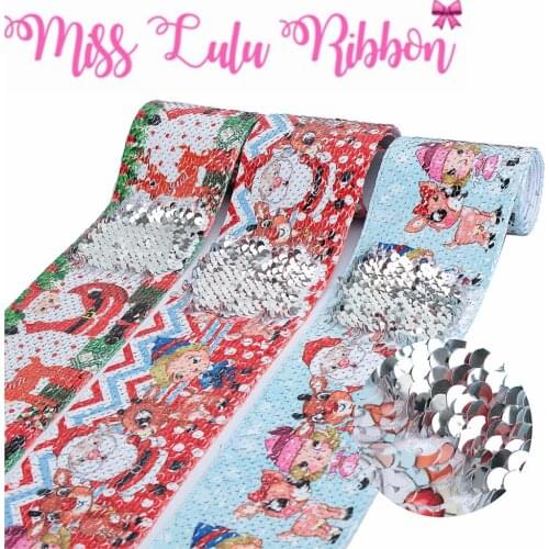 3"75mm Christmas Series Santa Claus Cartoon Elk Double Reversible Silver Sequin Ribbon Geometric DIY Hair Bowknots 46yards/roll