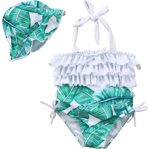 Baby Girl Clothing Palm Leaves Swimwear Swimsuit Halter Cute Backless Hat 2pcs Bikini Set Bathing Suit Girls 6M-5T
