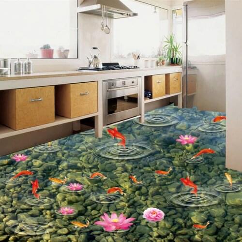PVC Self Adhesive Waterproof 3D Floor Tiles Wallpaper Kitchen Bathroom Goldfish Water Wave Floor Murals Sticker Papel De Parede
