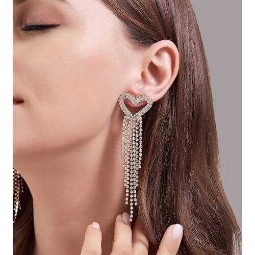 Luxury Brand Crystal Heart-shaped Tassel Gold Color Dangle Earrings for Women Wedding Drop Earing Bridal Fashion Jewelry Gifts