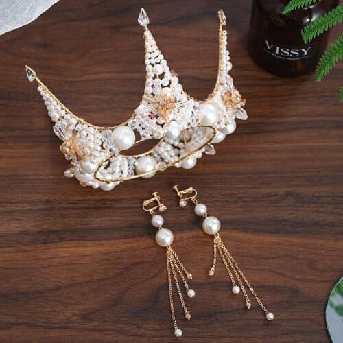 Luxury Handmade Pearl Decorated Delicate Queen Crown Earrings Set Super Fairy Birthday Party Girl Bride Hair Ornaments LB