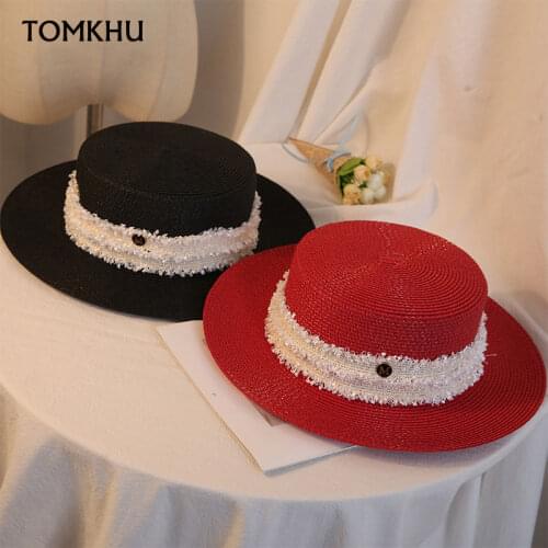 Fashion Breathable Wide Brim Straw Hat Flat Boater Beach Sun Hats Ribbon Letter M Women Lady Summer Hat Dropshipping Wholesale