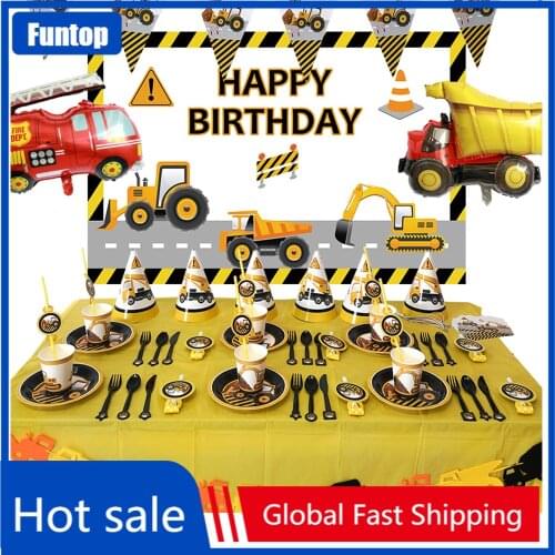 Construction Party Tableware Plates Vehicle Excavator Happy Birthday Banner Letter Flag Cake Topper Kids Party Decor Supplies