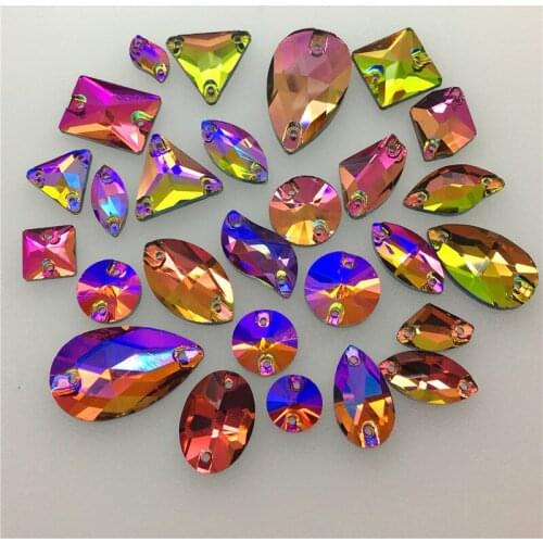 TopStone Rainbow Glass Crystal Sew On Stone Drop Round Rectangle Square Mix Shape Glass Rhinestones For Clothing bags